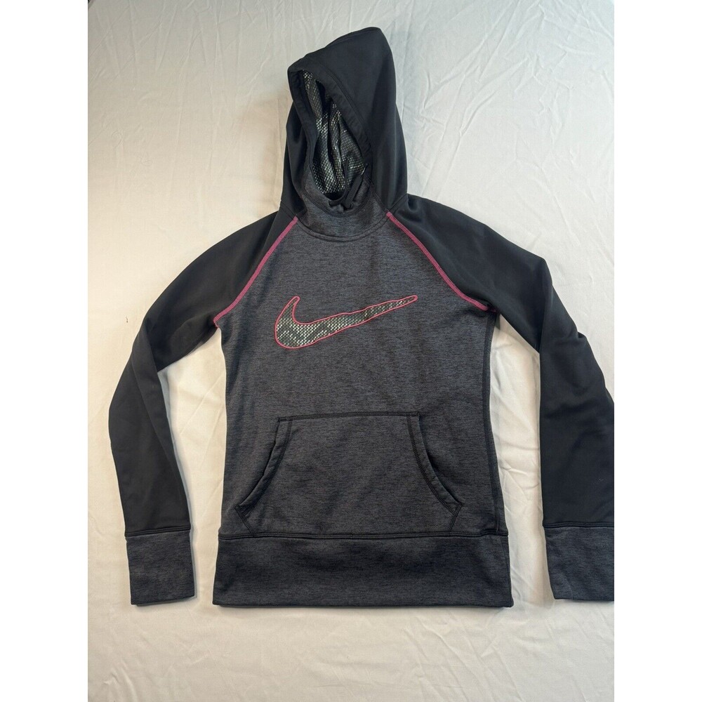 Nike Womens Hoodie XS Therma Fit Fleece Lined Heathered Gray Pink Embroidered